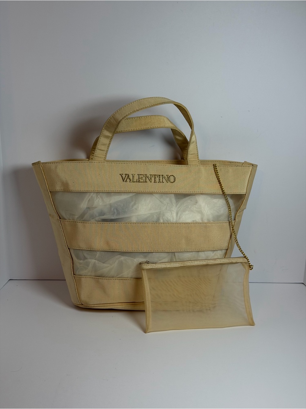 Valentino Les Sacs Canvas Mesh Tote Bag with Matching Pouch